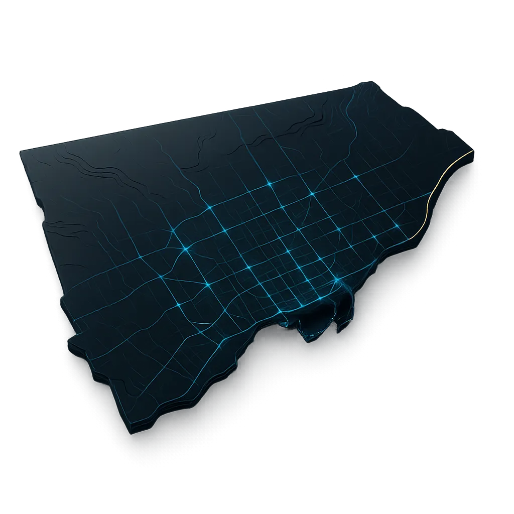 Stylized map graphic of the Greater Toronto Area highlighting Proud Electric coverage
