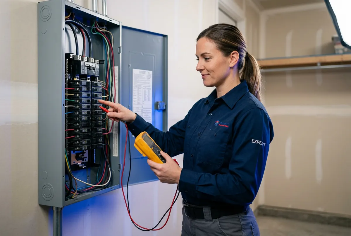 Electrician testing an electrical panel with professional multimeter