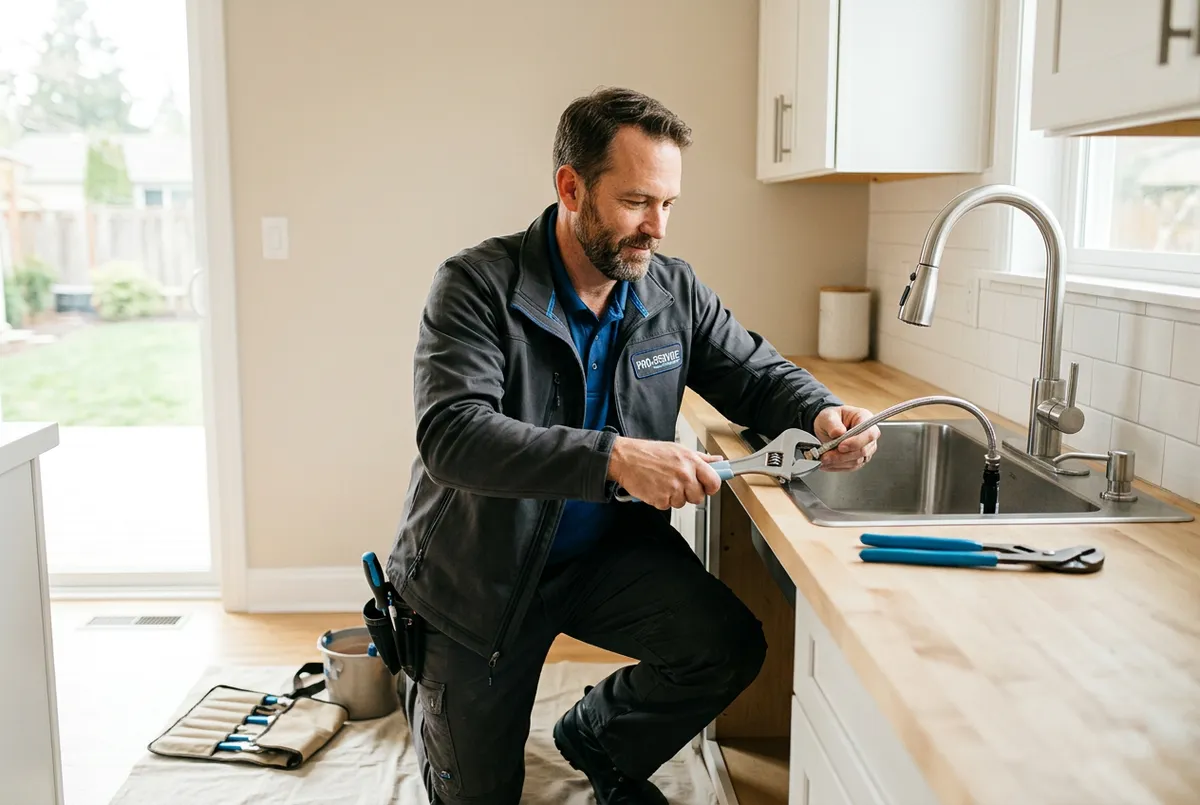Plumber with wrench servicing residential pipes