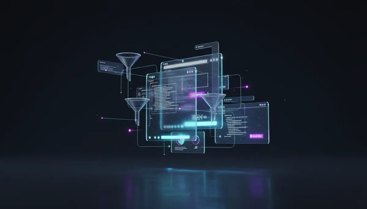 Interfaz holográfica de IA generando una landing page en tiempo real