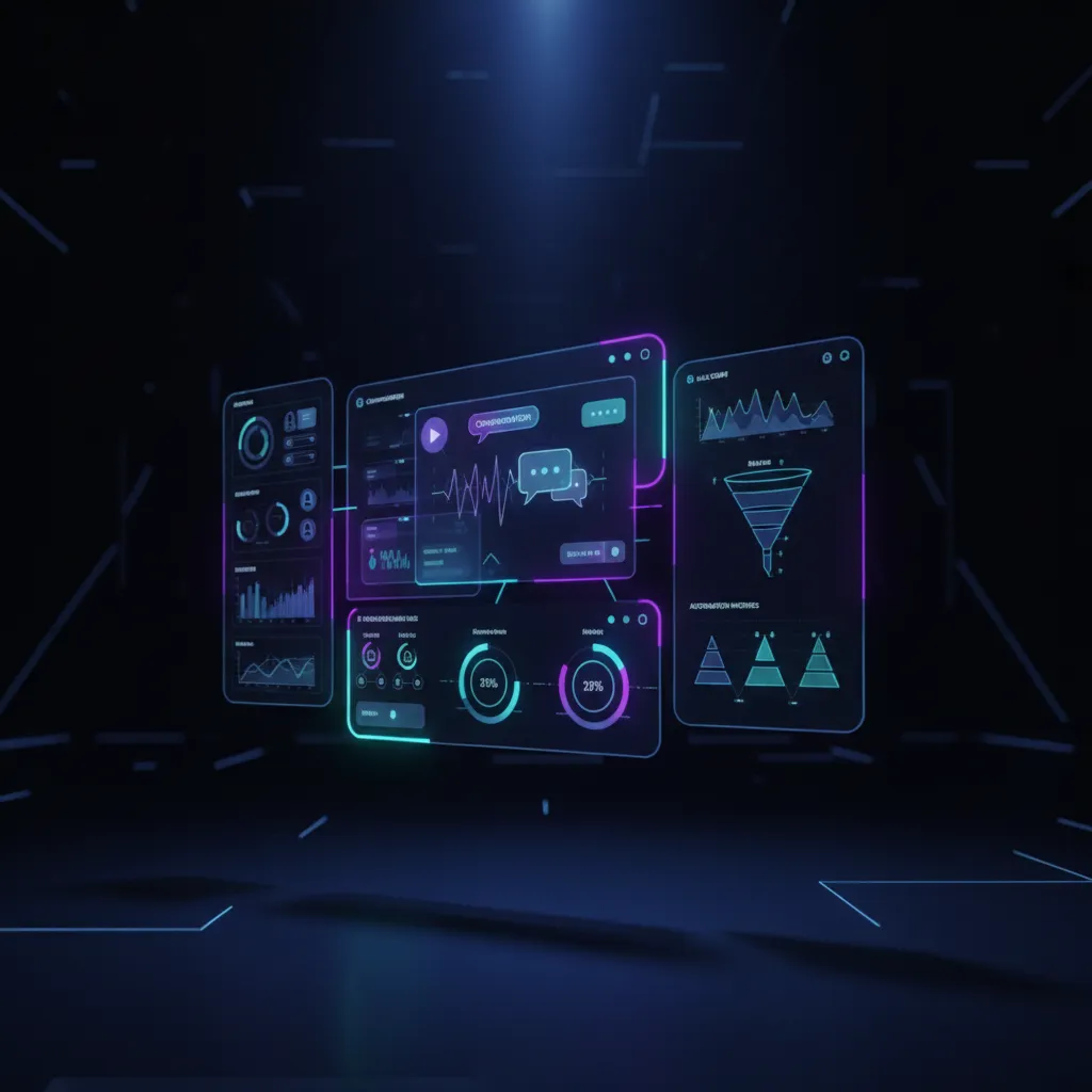 Dashboard holográfico mostrando métricas de un agente de ventas IA trabajando en tiempo real