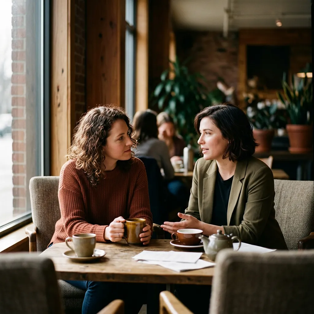 Two women having a warm, supportive conversation over coffee in a bright, sunlit room