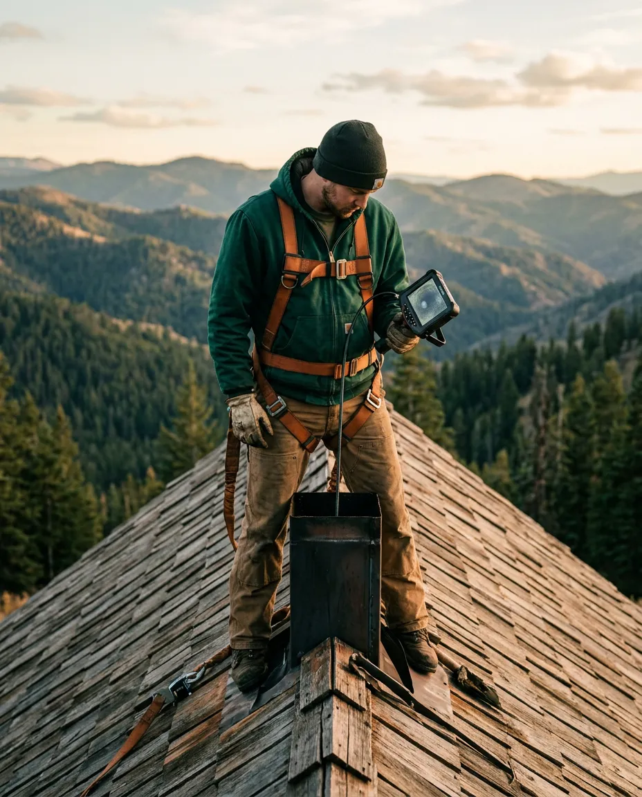 Chimney sweep technician conducting top-down roof inspection overlooking forested mountain ridges in Boise County