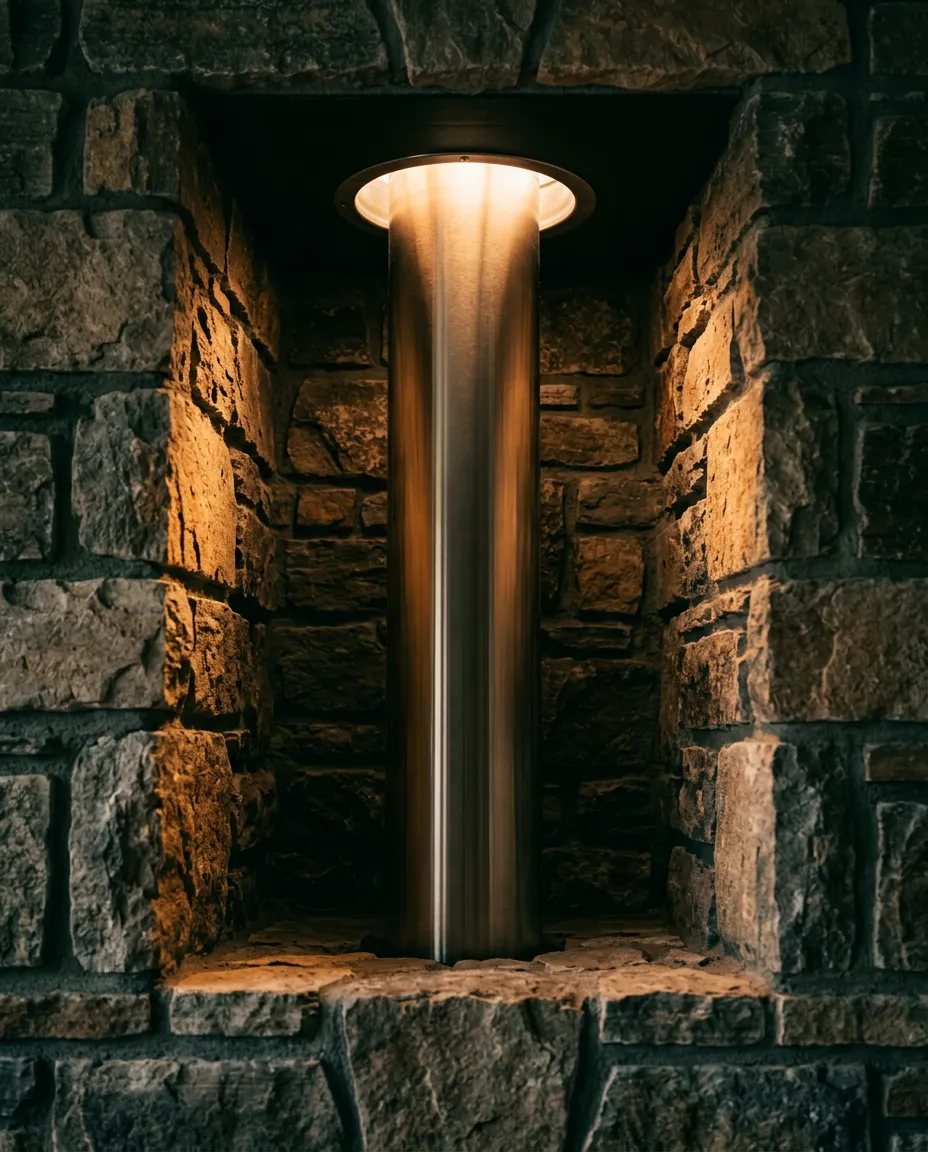 Visual inspection of a pristine clean chimney flue interior against natural stone mountain masonry