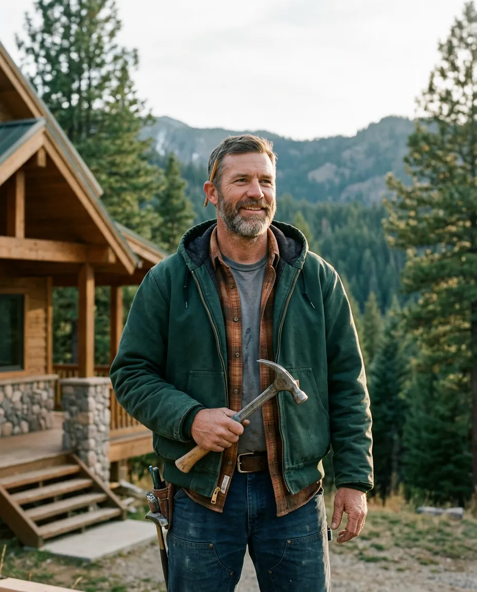 Jerry Abbott, owner of Braywoods Handyman Service, smiling in front of a Boise County mountain home