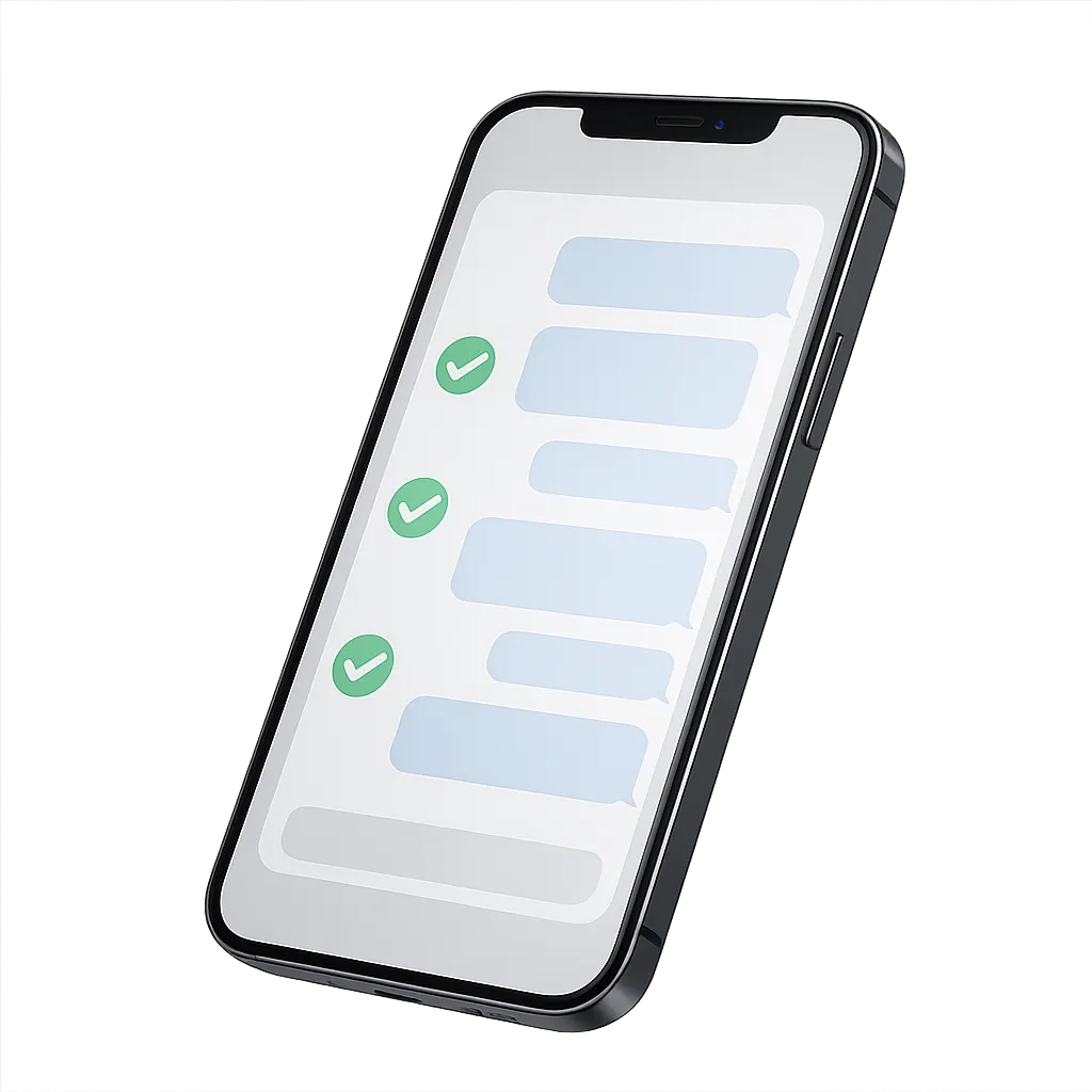 A high-end modern smartphone mockup floating at an angle displaying automated chat success.