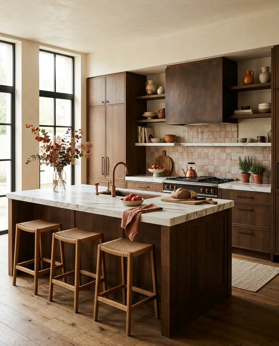 Luxurious contemporary kitchen interior with natural stone island and warm timber joinery