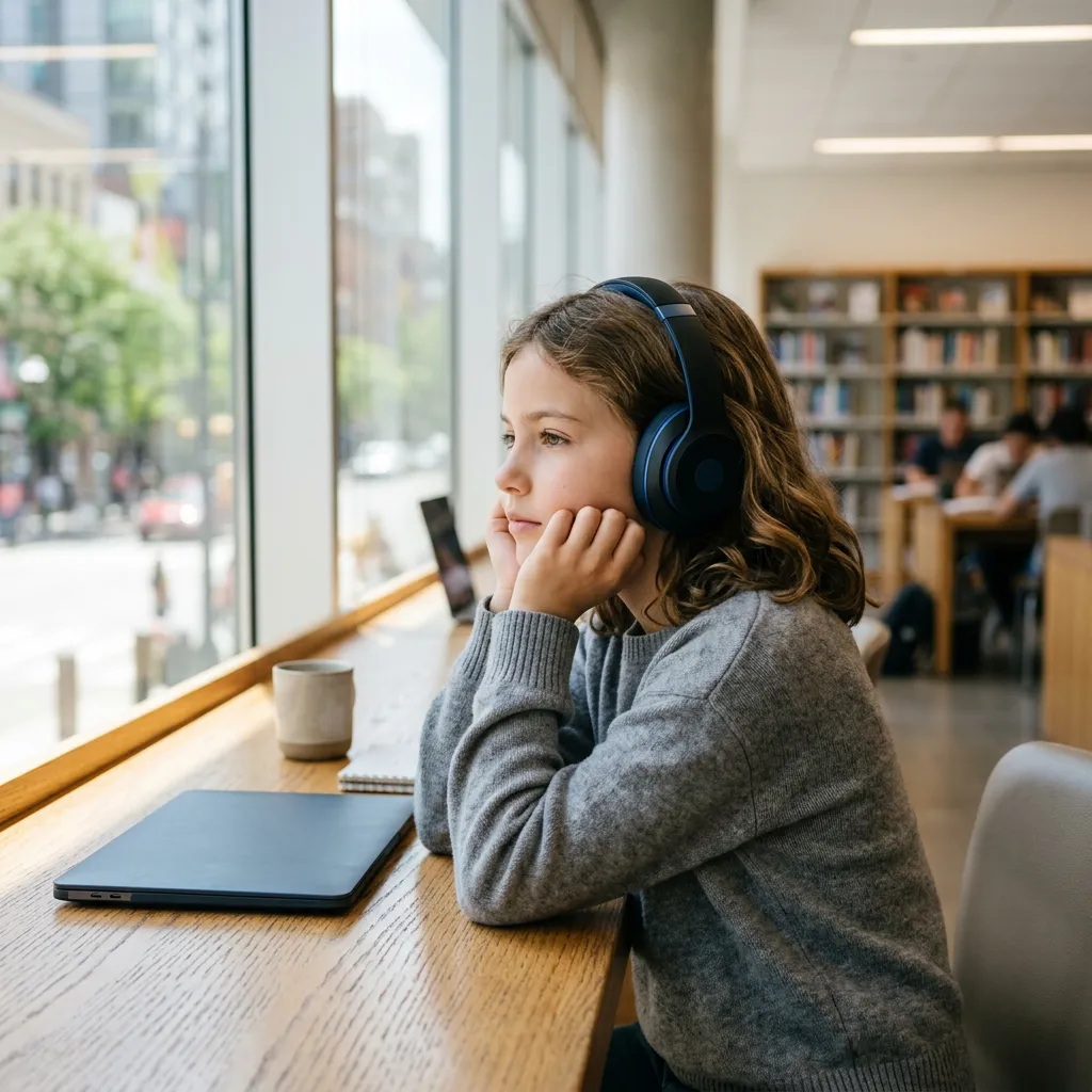 Young girl with headphones resting her head on her hands and looking away thoughtfully.