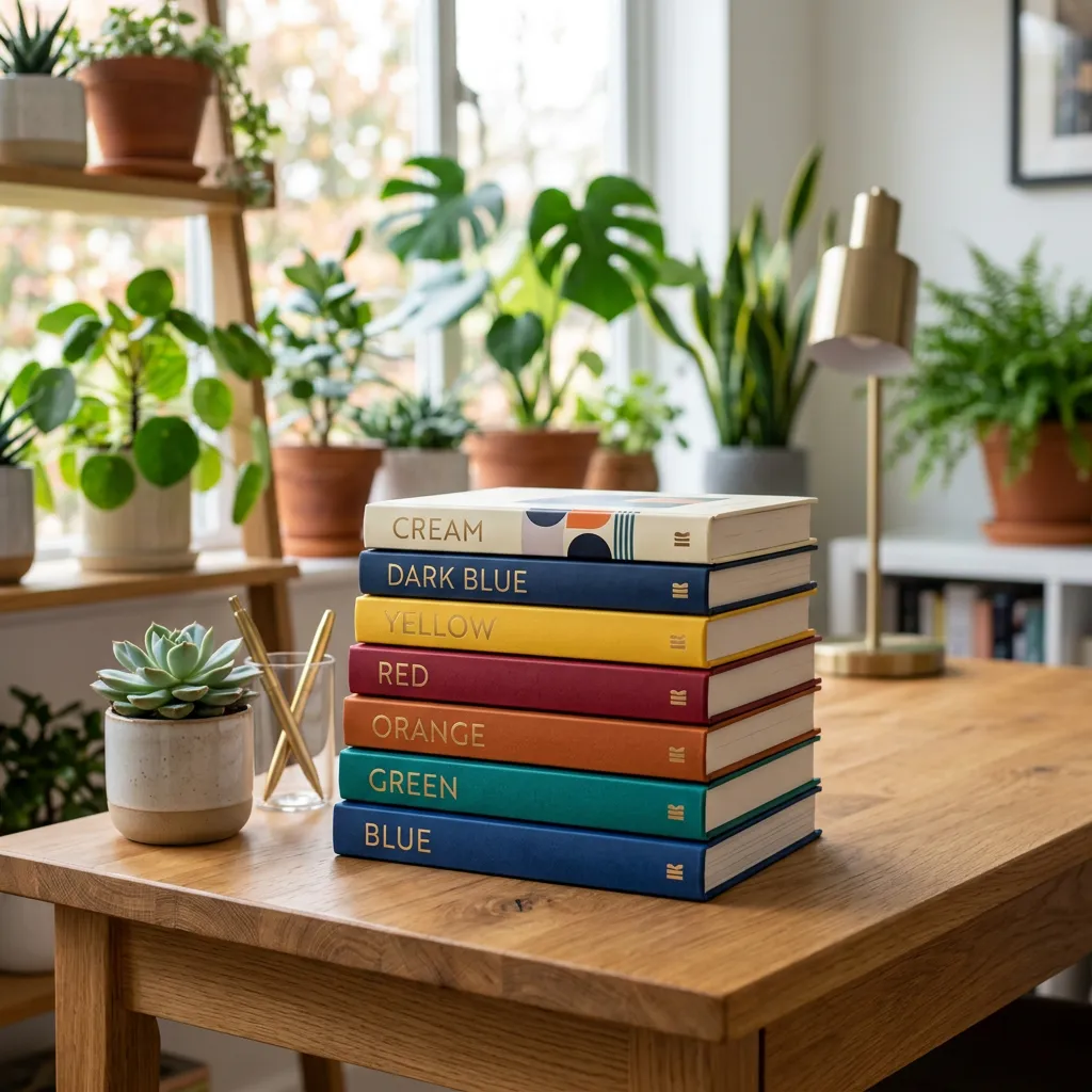 Stack of colorful books on a wooden desk with plants in the background.