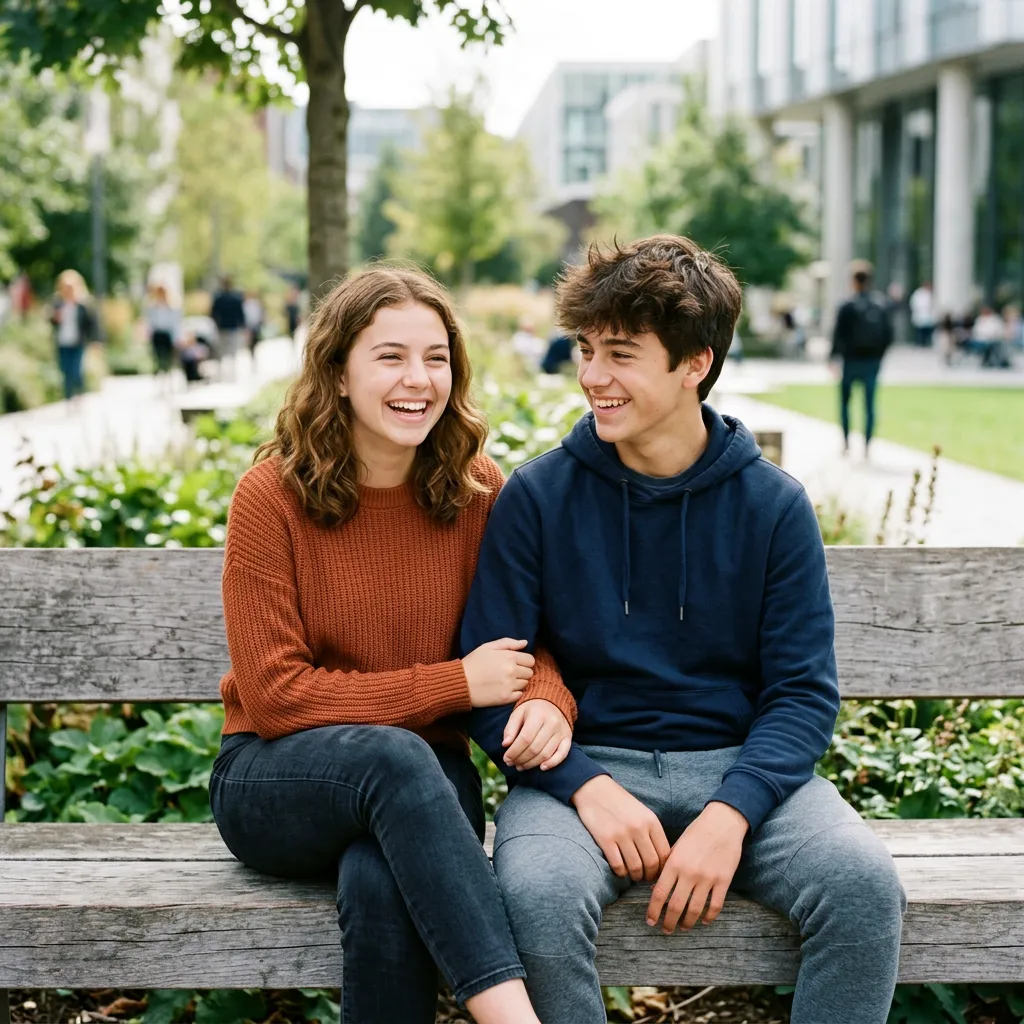 Two smiling teenagers, a boy and a girl, sitting close together.