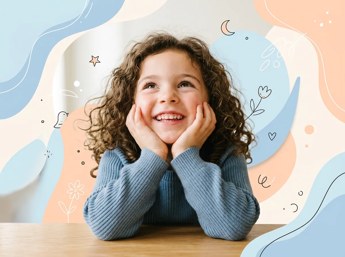 Smiling child with curly brown hair looking up happily, resting their face on their hands, surrounded by abstract pastel blue and peach shapes with small line drawings.