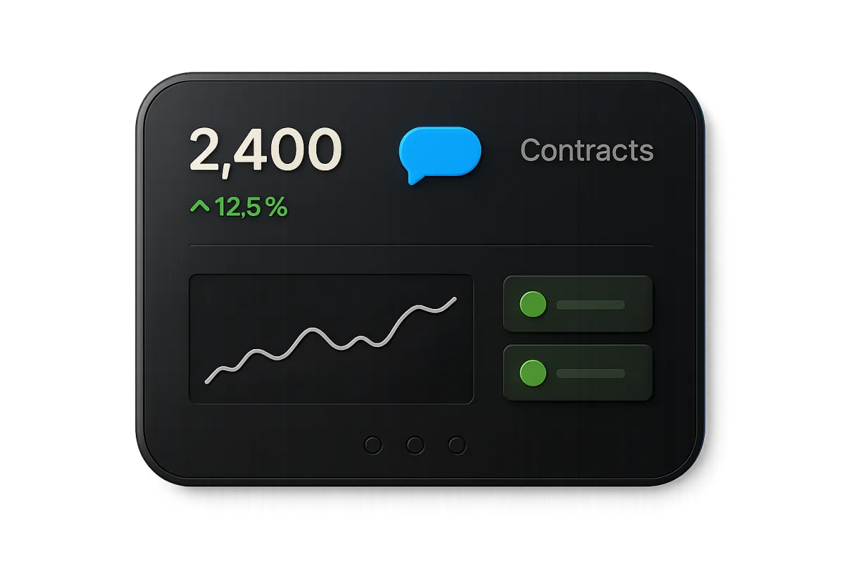 A dark graphite rounded card with a 1px silver border. Top section shows Missed Call in red, followed by a simulated SMS bubble in Electric Blue saying: Hey, sorry I missed you! Can I help you book a job? Clean dashboard icons appear as success indicators.