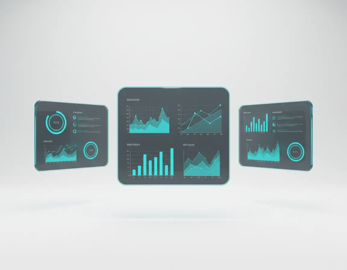 Glassmorphism layered dashboard preview showing strategic growth metrics