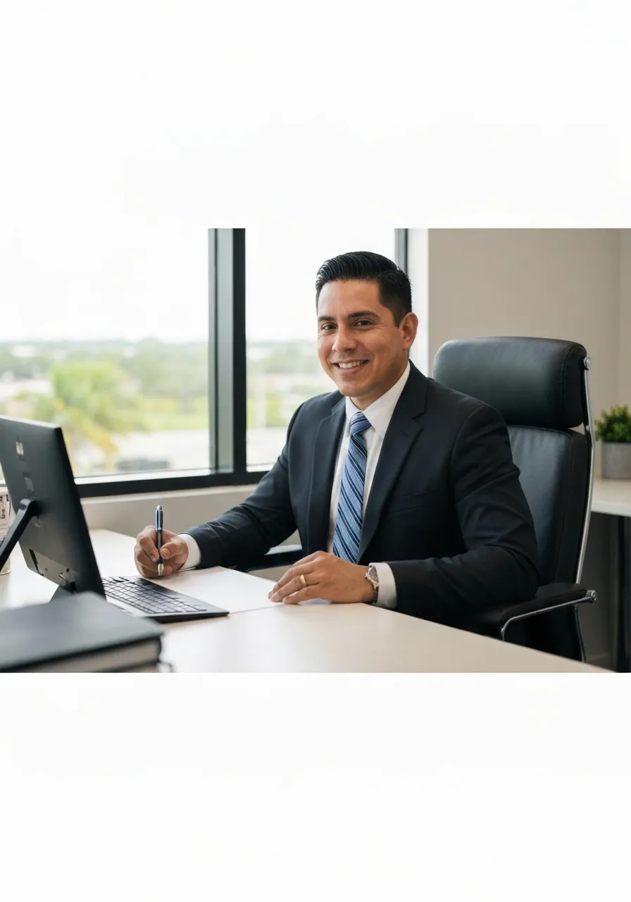 Agente de seguros hispano profesional en una oficina moderna en Florida