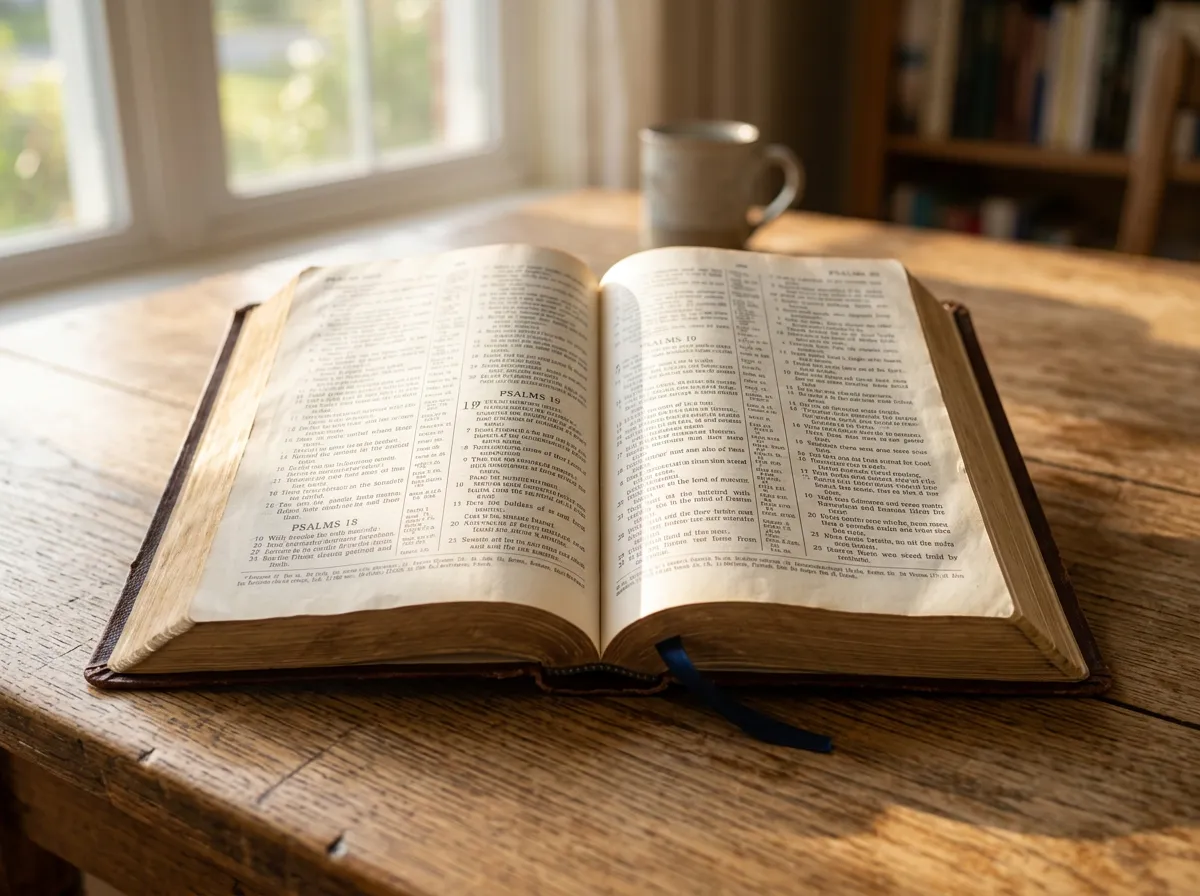 Open Bible on a table with warm sunlight streaming from behind.