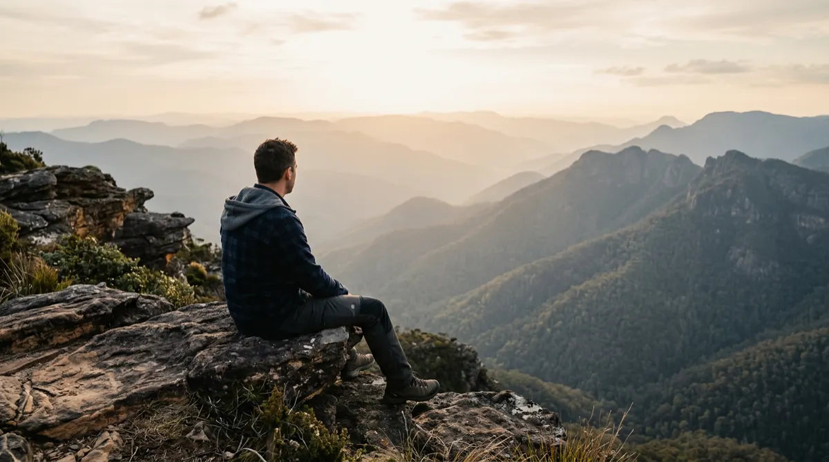 A man seen from behind sitting on a rock, looking out over hazy, layered mountain peaks in warm, muted sunlight