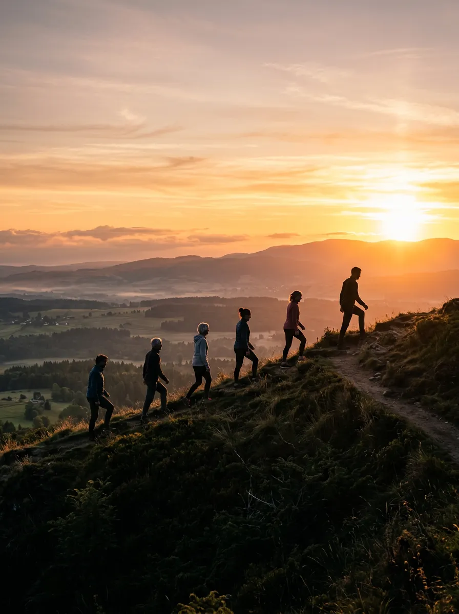 Silhouettes of people walking on a hill toward a glowing sunrise, overlayed with text 'FORGIVEN & RECONCILED'