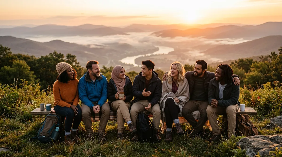 Group of people silhouetted while sitting on rocks looking at a bright sunset