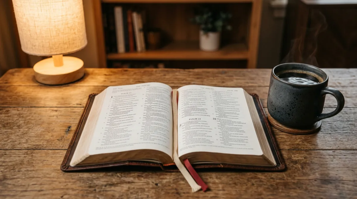 An open Bible lying flat on a table next to a dark ceramic mug, illuminated by a warm, glowing light source
