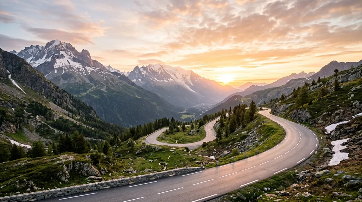 Man with a backpack hiking towards majestic mountains at sunrise or sunset.