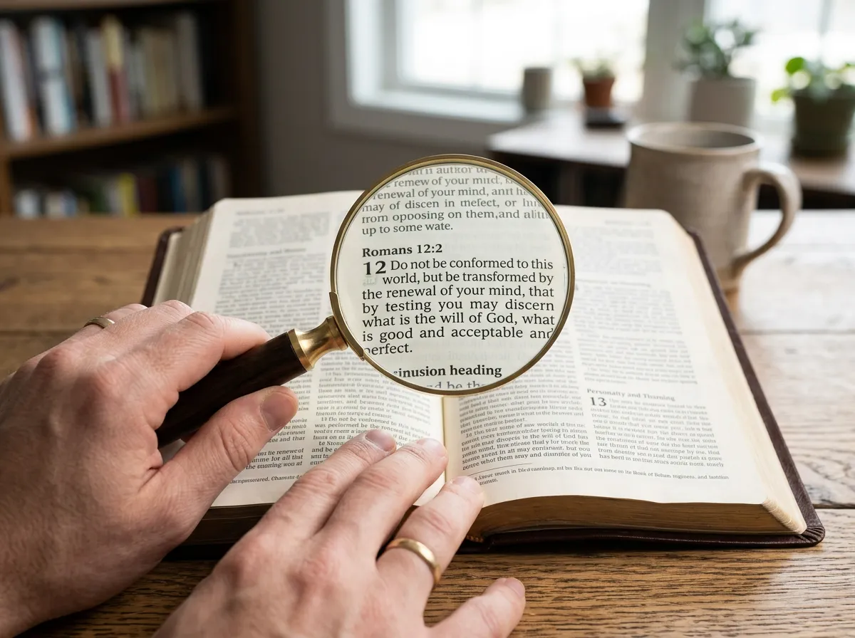 Magnifying glass resting on an open Bible, highlighting the text.