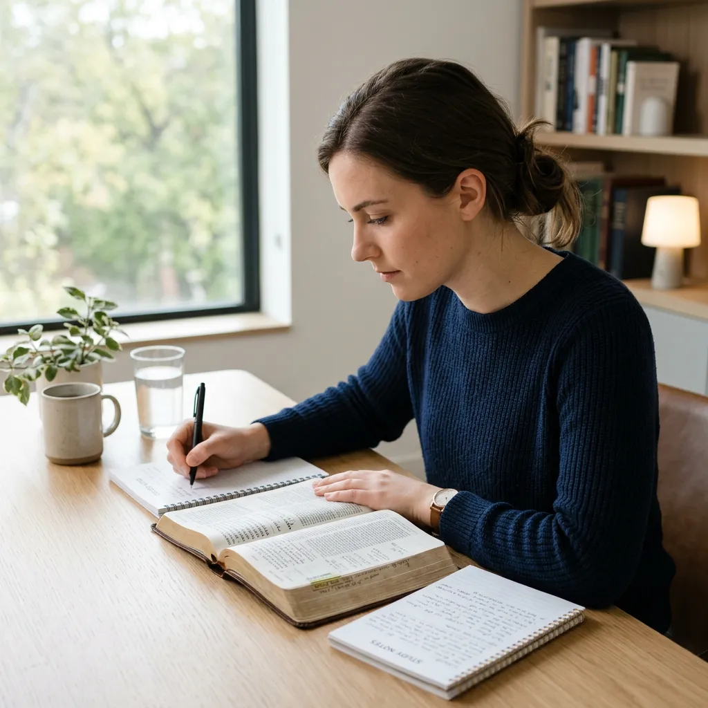 Close-up of a person reading an open Bible and taking notes.