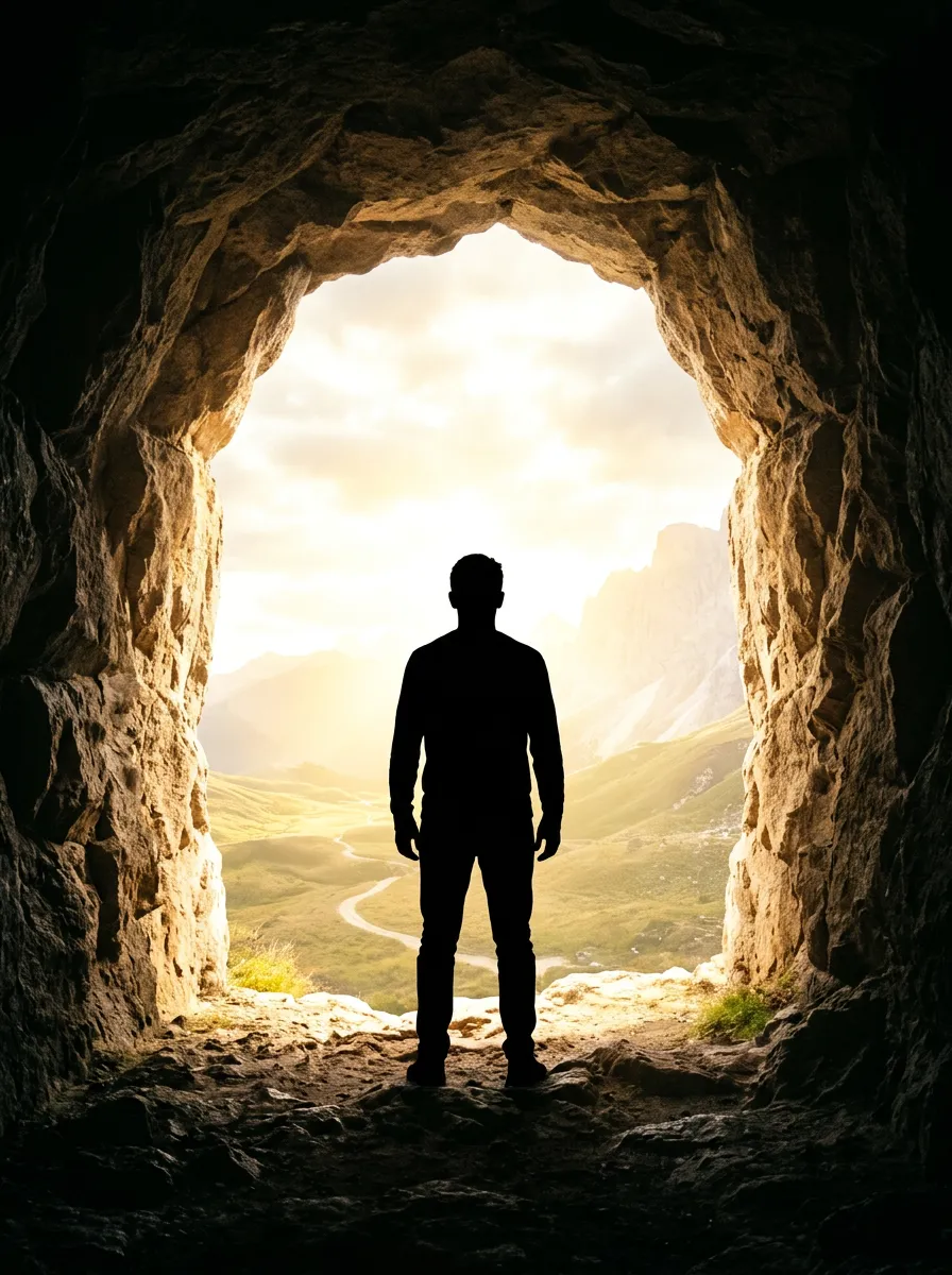 A silhouette looking through a glowing stone archway or cave entrance into bright light, overlayed with 'WHAT REALLY HAPPENS WHEN WE DIE?'