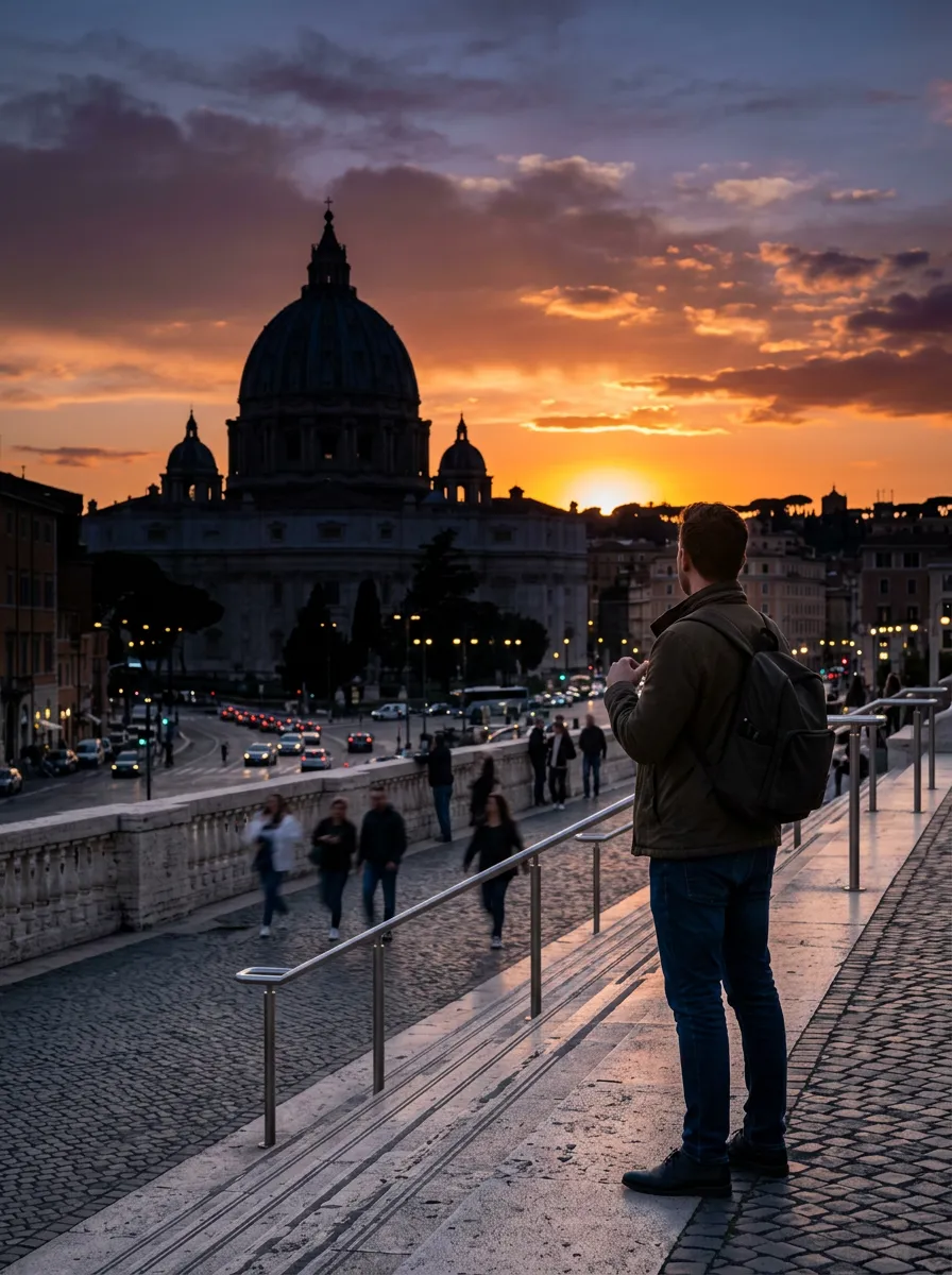 A man looking at a grand domed building silhouetted against a setting sun, overlayed with 'WILL THE REAL GOSPEL PLEASE STAND UP?'