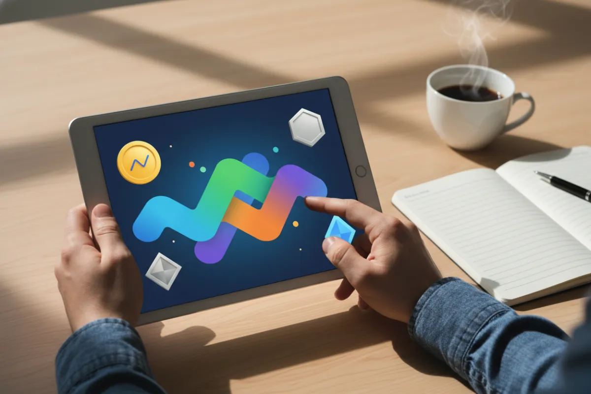 A close-up of hands holding a tablet displaying a colourful crypto dashboard, with charts and digital coins visible. The background is a stylish wooden desk with a coffee cup and notepad, evoking a sense of focus and productivity.