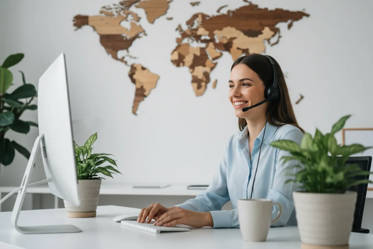 A friendly support agent with a headset, smiling at a computer in a contemporary office. The workspace features soft lighting, green plants, and a world map on the wall, suggesting global reach and attentive service.