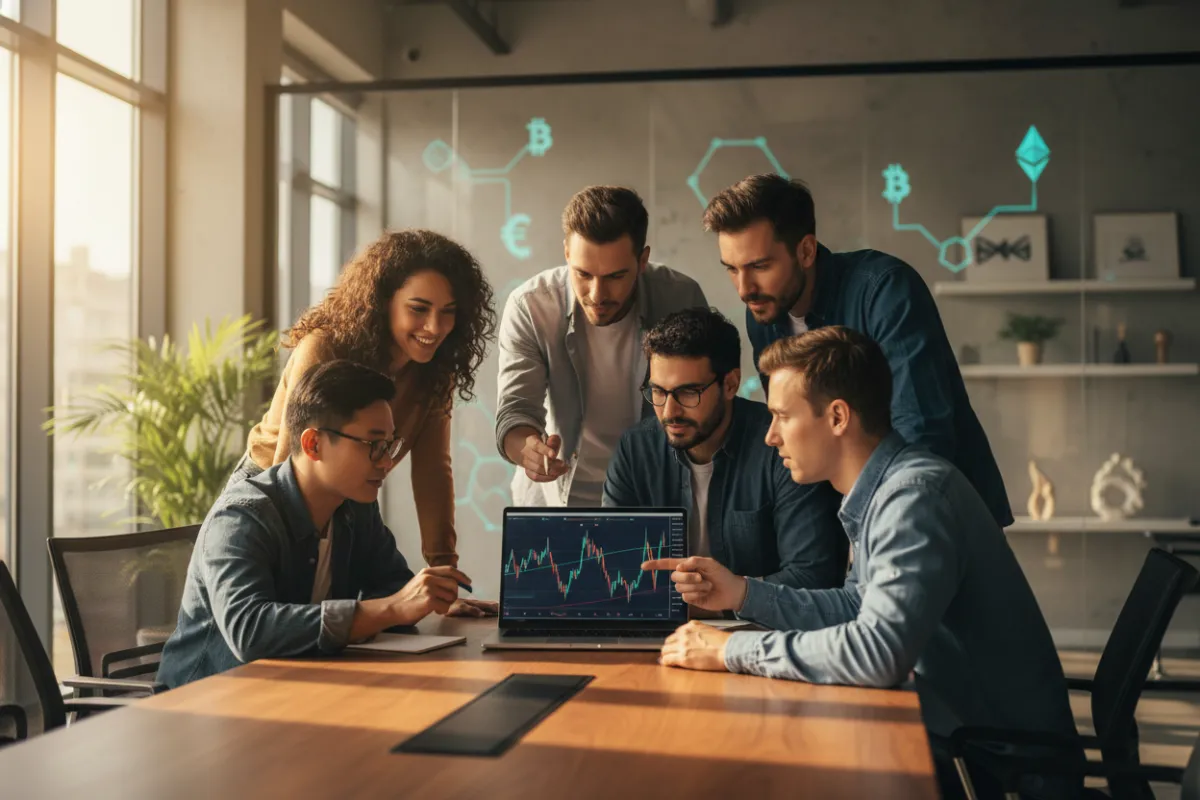 A confident, diverse group of young professionals gathered around a laptop, analysing crypto charts in a bright, modern workspace. The scene radiates energy and optimism, with warm sunlight and subtle crypto motifs in the background.