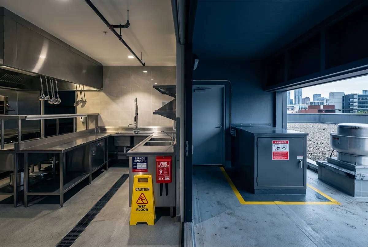 Rooftop grease containment box and kitchen containment area cleaning
