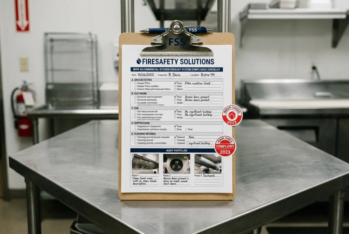 NFPA 96 compliance certification inspection sticker and photo audit log