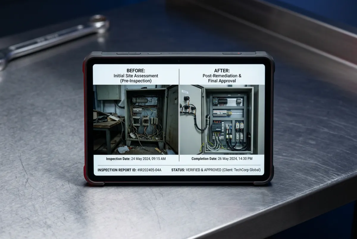 Digital compliance inspection tablet showing before and after photo documentation