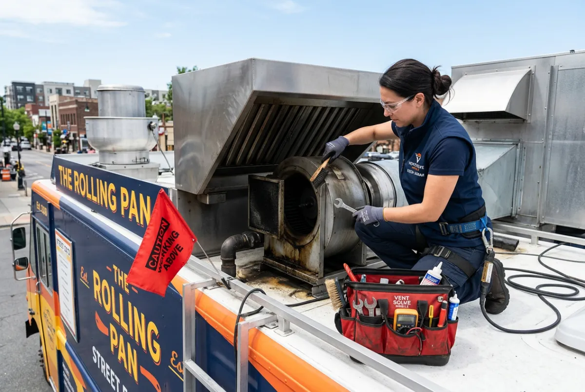 Mobile food truck hood and rooftop exhaust fan cleaning