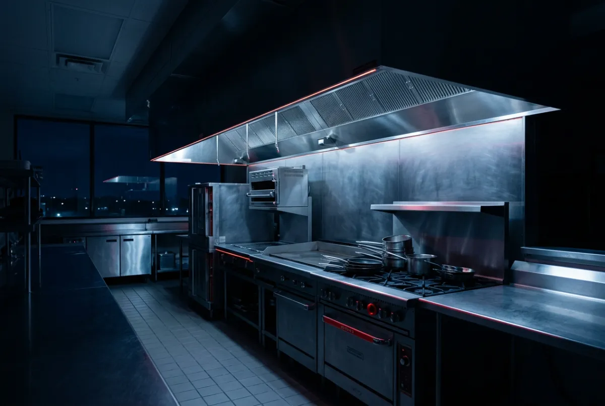 Commercial kitchen line clean and protected during off-hours scheduled hood maintenance
