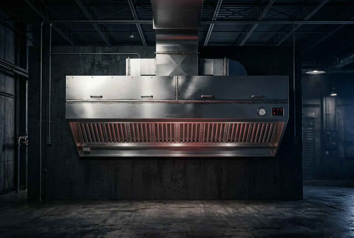 Commercial kitchen exhaust hood undergoing industrial fire safety steam cleaning
