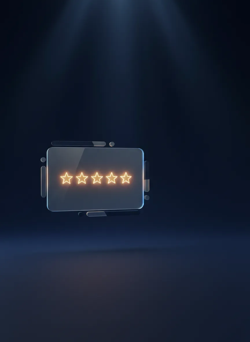 5-star review notification floating over dark background