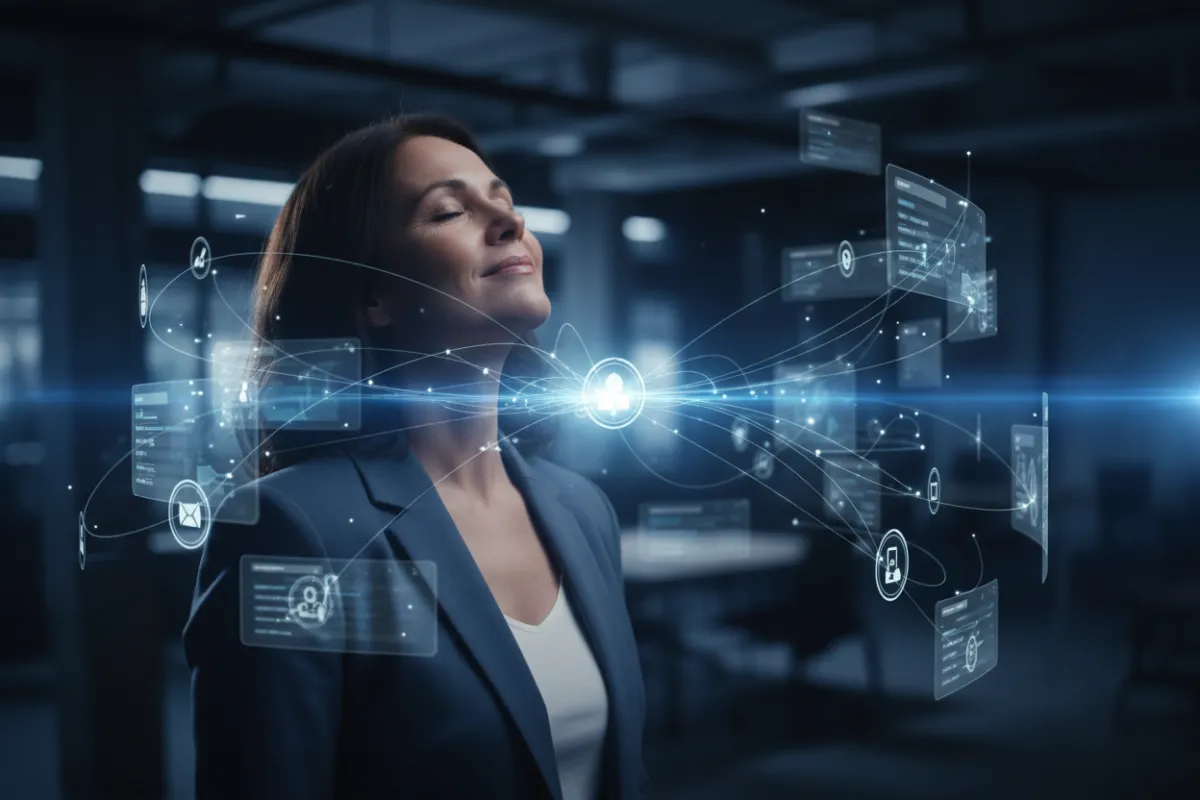 Cinematic depiction of automation easing a business owner’s workload, blue-gray palette, no green tones