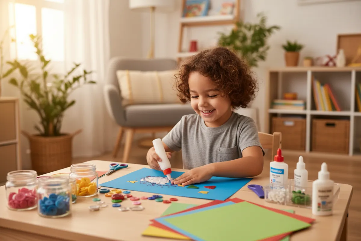 A diverse group of preschool children proudly holding up their finished paintings in a bright, cheerful classroom. The children are smiling, their artwork features bold colors and imaginative shapes, and the background is filled with art supplies and decorations.