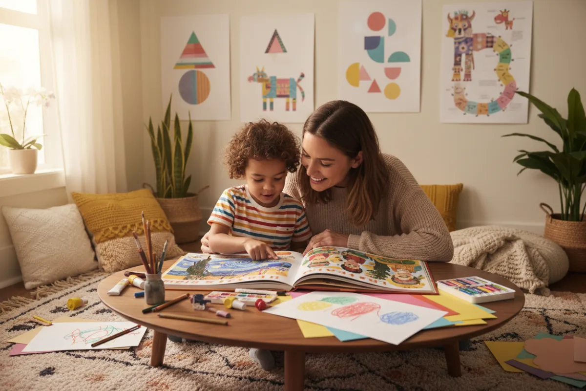 A diverse group of preschool children gathered around a table, painting with bright colors, guided by a smiling adult instructor in a cheerful classroom filled with art supplies and colorful decorations.