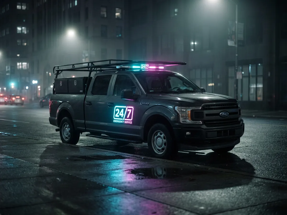 Trade contractor truck at night with 24/7 emergency response call status