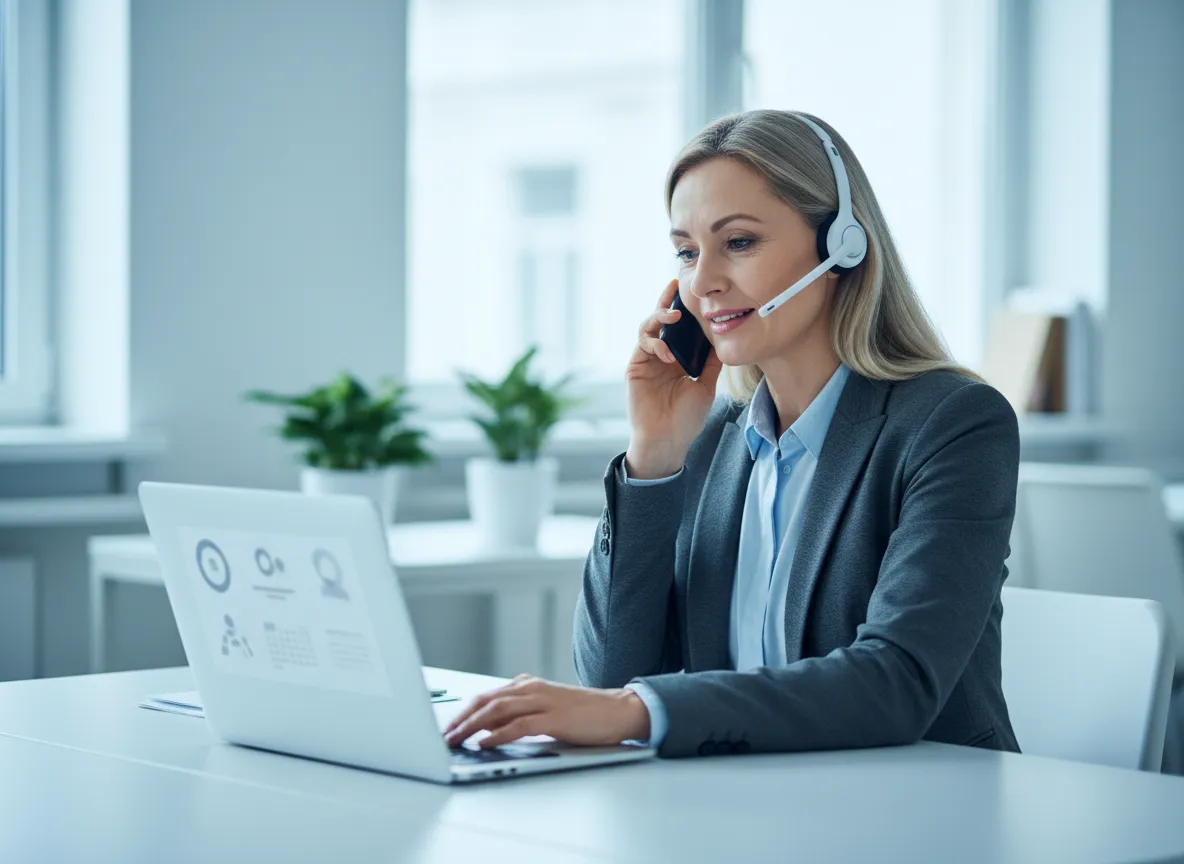 Mitarbeiterin in einem modernen Büro telefoniert, unterstützt von einem KI-Telefonassistenten Dashboard.