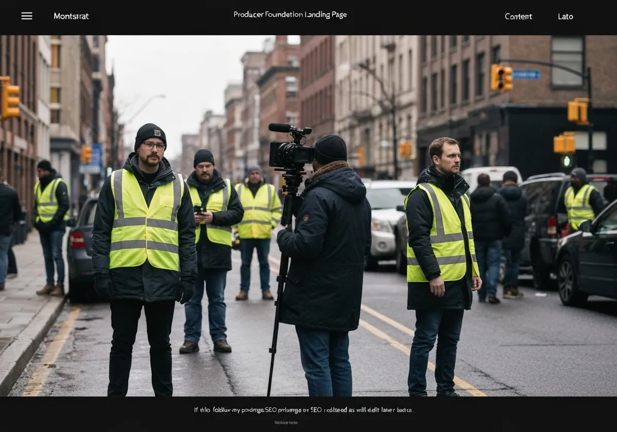 Film crew members standing on a city street in winter coats and high-visibility vests