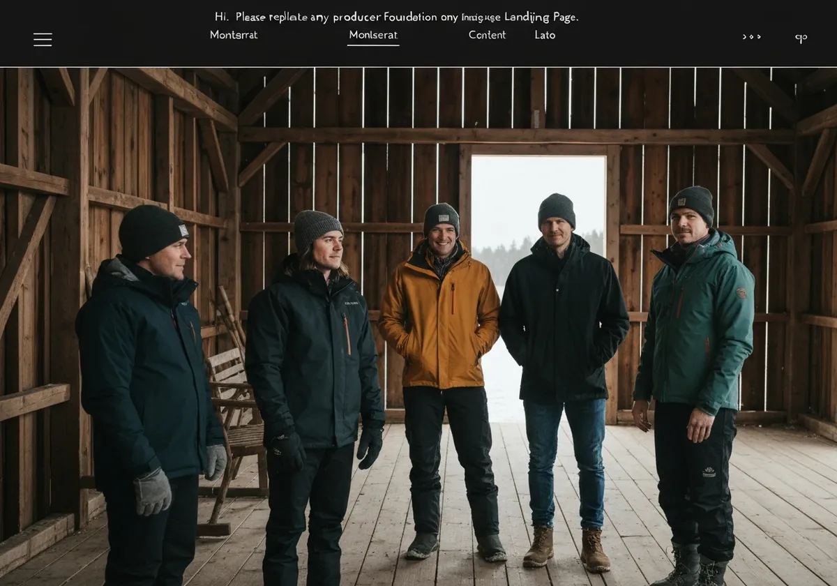 Several people in winter gear standing inside a rustic wooden barn or structure