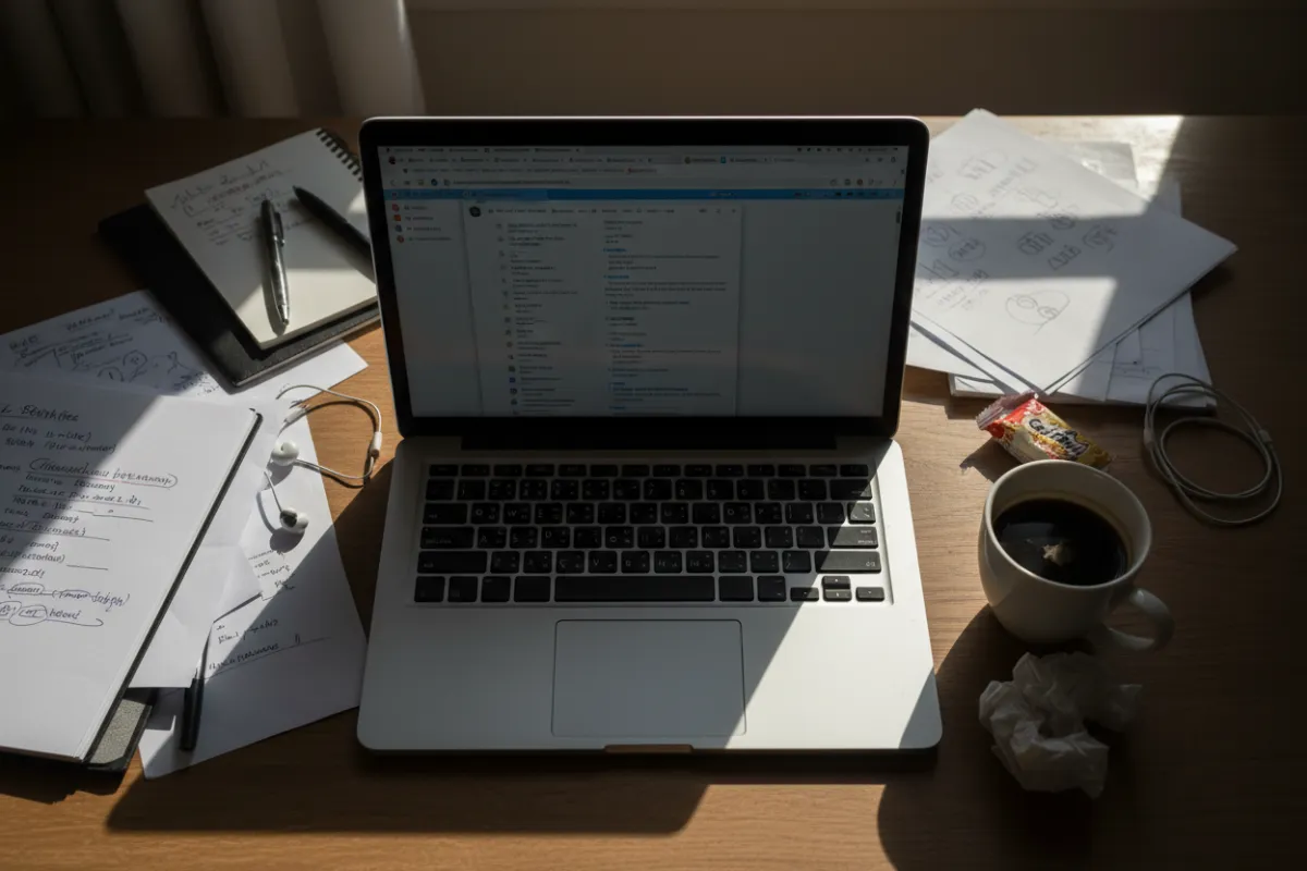 Pracovný stôl s otvoreným laptopom, rozptýlené poznámky a šálka kávy, naznačujúce množstvo rozptýlení pri práci.