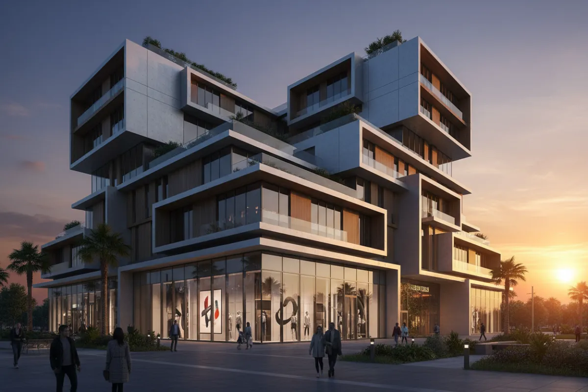 Luxury mixed-use development at sunset