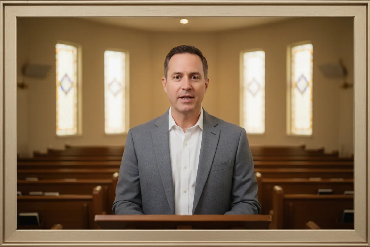 A pastor speaking gently to camera in a small sanctuary, warm lighting, neutral tones.