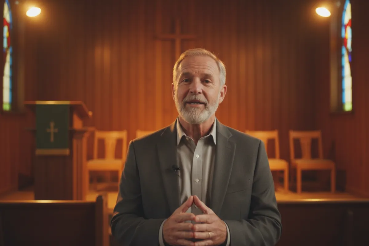 Video still of a community leader speaking softly to camera in a modest church setting