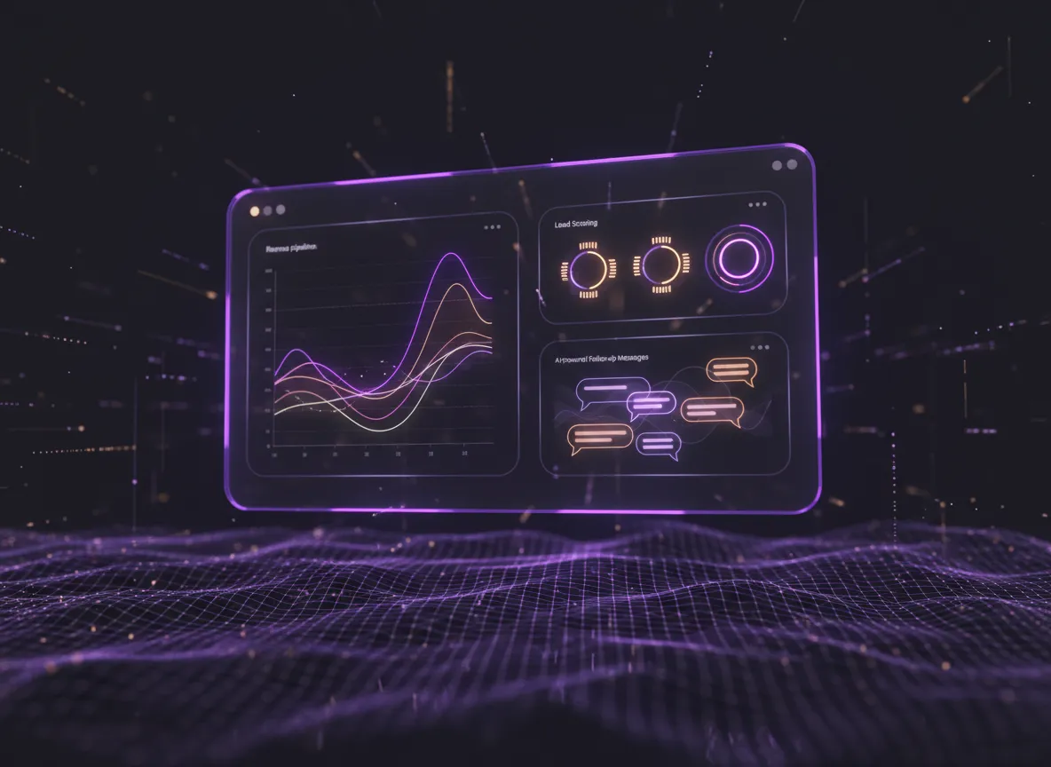 Abstract AI data mesh and dashboards representing revenue-ready workflows
